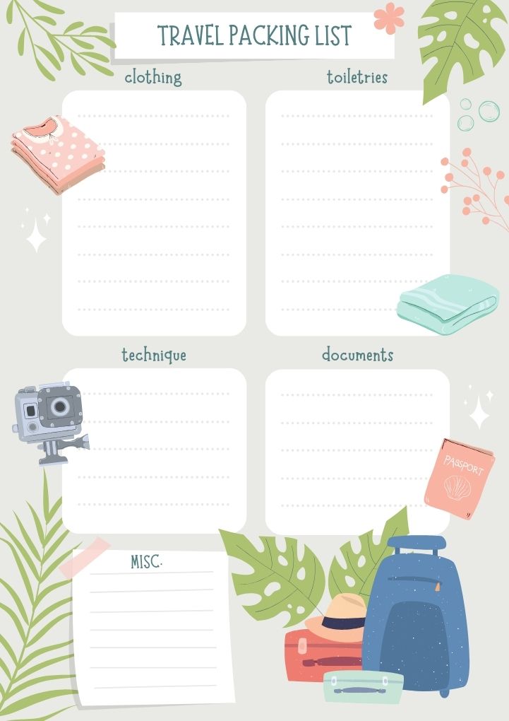 Travel packing list illustrated simple A4 formay