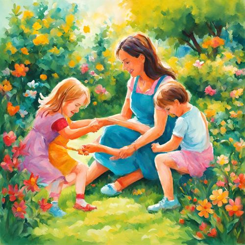 Drawing of a woman playing with 3 kids in a garden