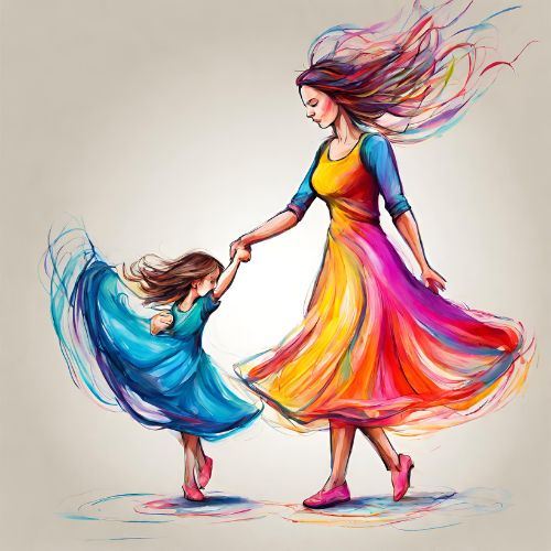 Drawing of a mother and a daughter dancing and twirling