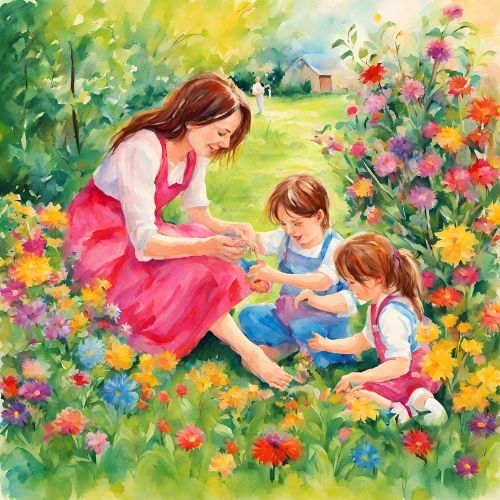 Drawing of a woman playing with 2 kids in a garden