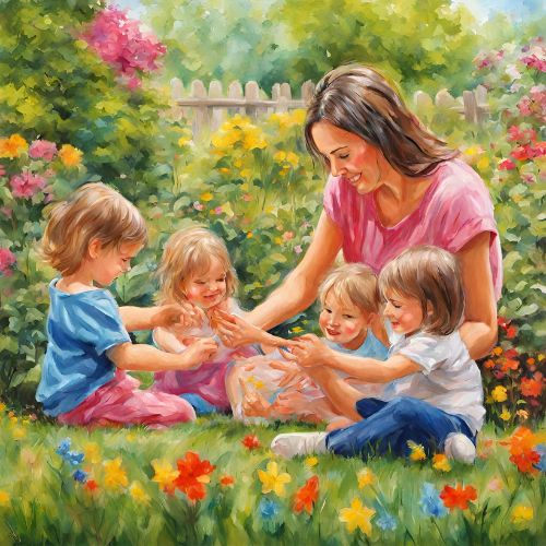 Drawing of a woman playing with 4 kids in a garden