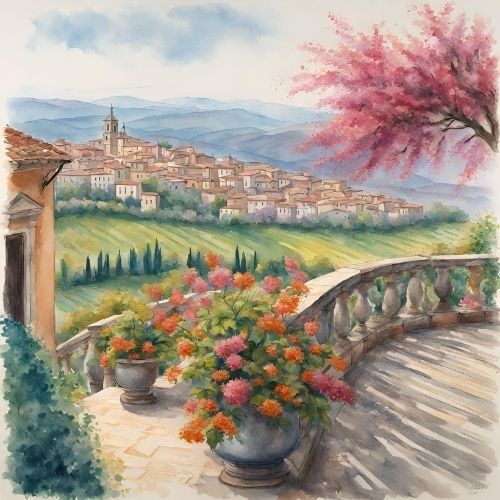 drawing of a terrace with pot flowers, with a far away view of Florence, Italy - ai 2