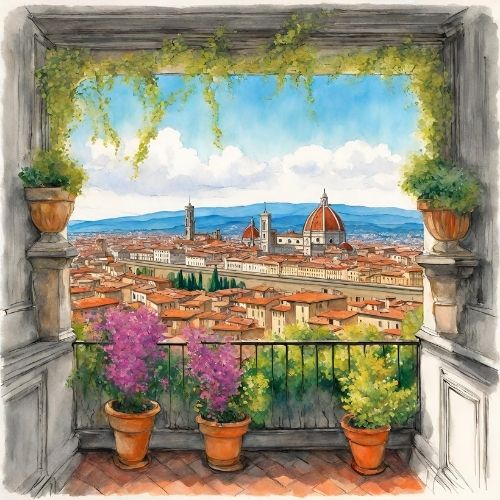 drawing of a terrace overseeing Florence, Italy - ai 3