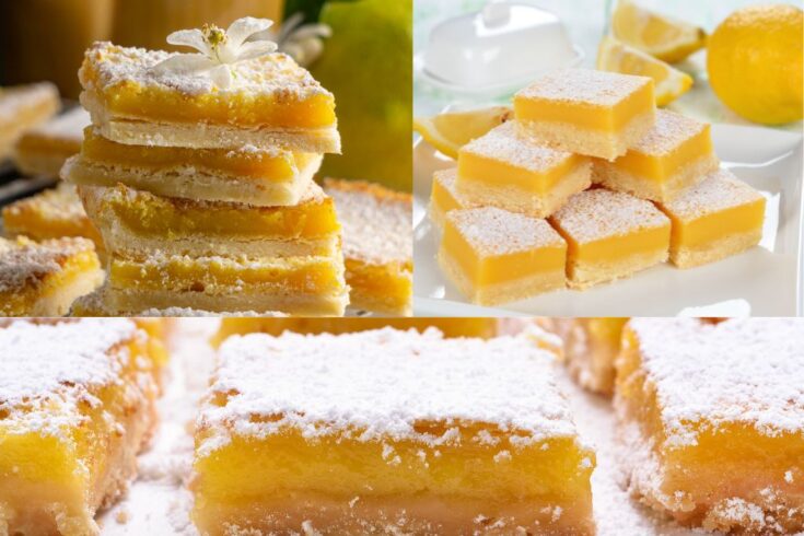 3 pictures of lemon bars up on top of each other and down close up