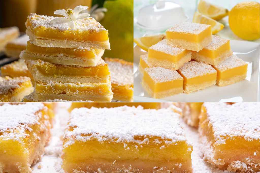 3 pictures of lemon bars up on top of each other and down close up