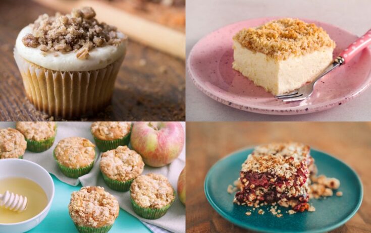 4 different types of cakes decorated with streusel topping