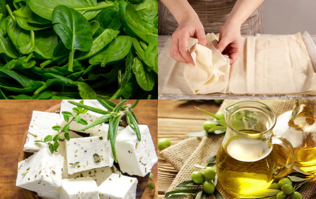 ingredients for spanakopita: spinach, feta cheese, olive oil and phyllo dough