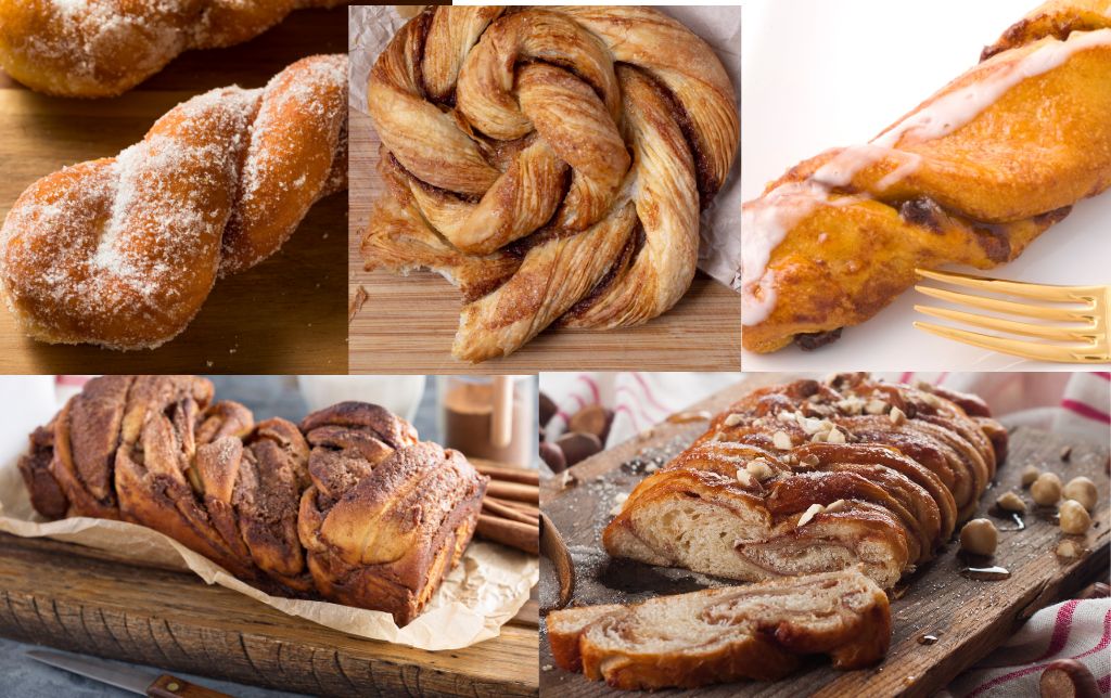 5 types of cinnamon twists on wooden tables