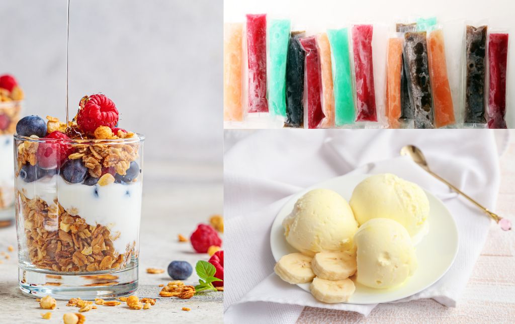3 varieties of healthy desserts: yogurt parfait, frozen fruit pops, banana ice cream