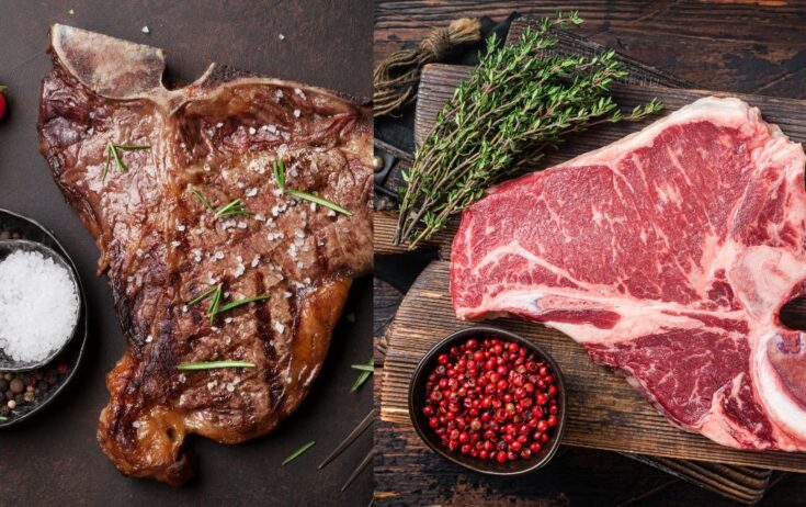 raw and cooked t bones with rosmarin, salt and red pepper