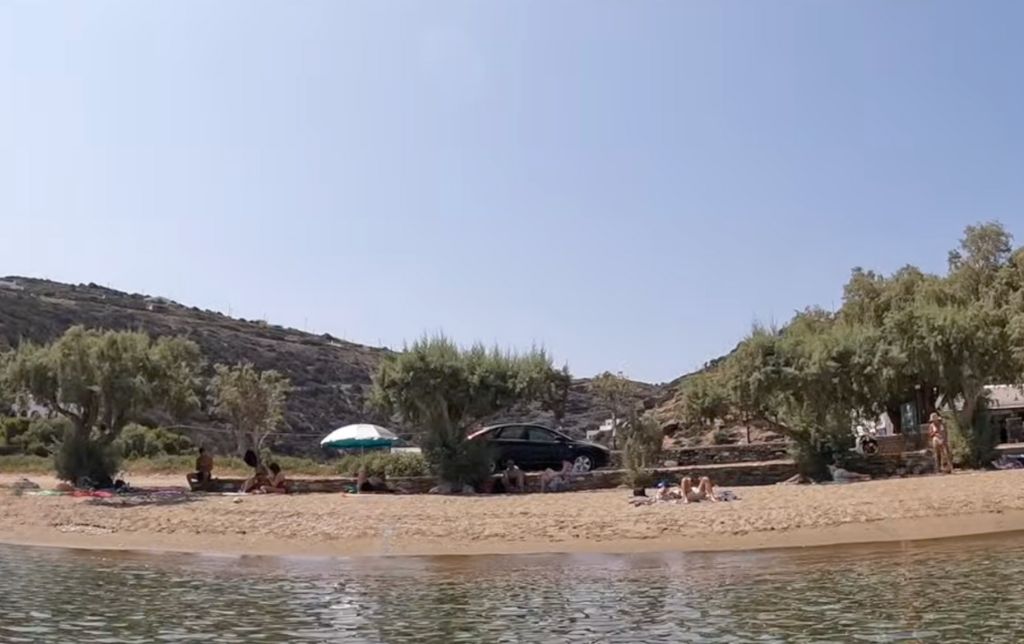 people resting in the shadows of small tree on a narrow beach with calm waves
