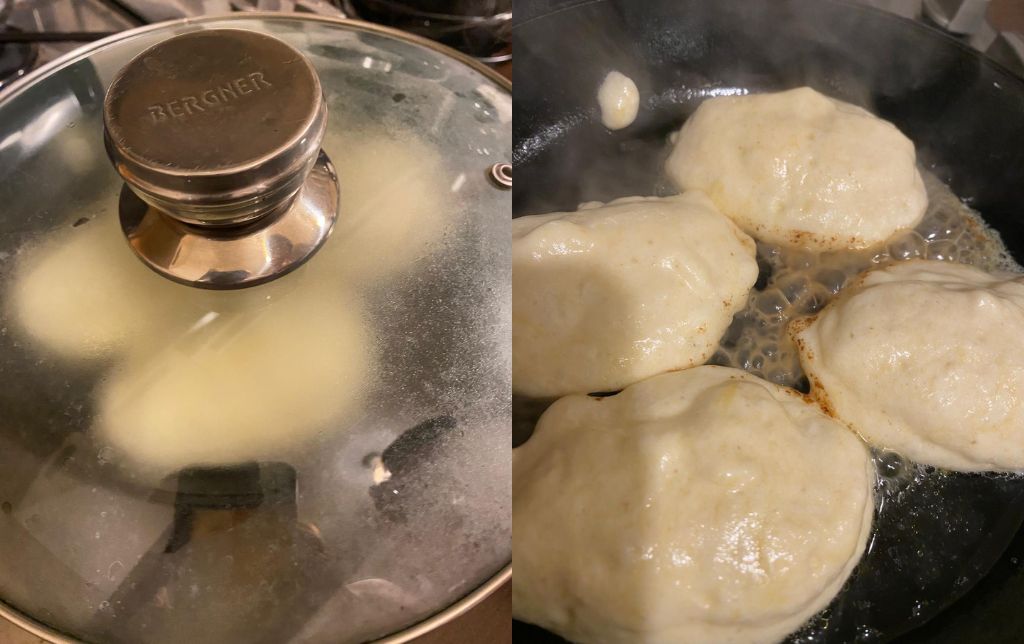 4 fluffy pancakes cooking in a pan with lid on (left), detail without lid on (right)
