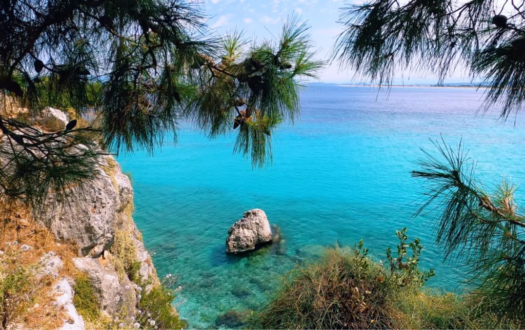 pines guarding a stoney shore with green blue calm waters, a stone in the water
