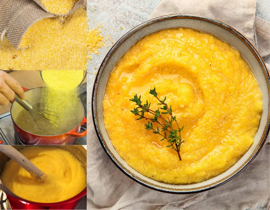 on the left the process of making polenta in 3 pictures: top left the corn flour, middle left pouring the flour into boiling water and bottom left stirring the half cooked polenta; on the righ polenta served with a small thyme branch, in a white bowl on a beige kitchen towel