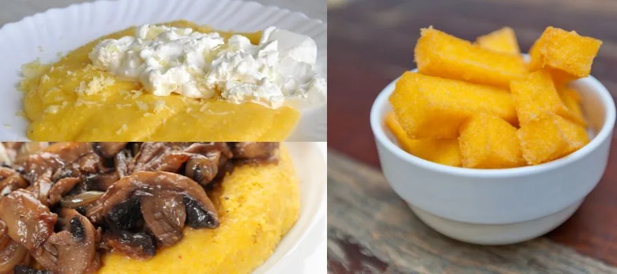 three different textures of polenta Italian: top left creamy polenta, bottom left firm polenta, on the right baked polenta sticks in a white bowl on a wooden table