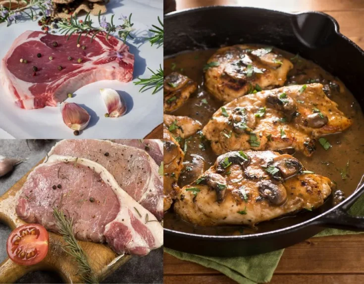 top left: uncooked veal marsala seasoned with rosemary, garlic and green pepper on a white plate and on the right: detail of veal marsala cooked in a pen with small peaces of parsley and mushrooms on a wooden table