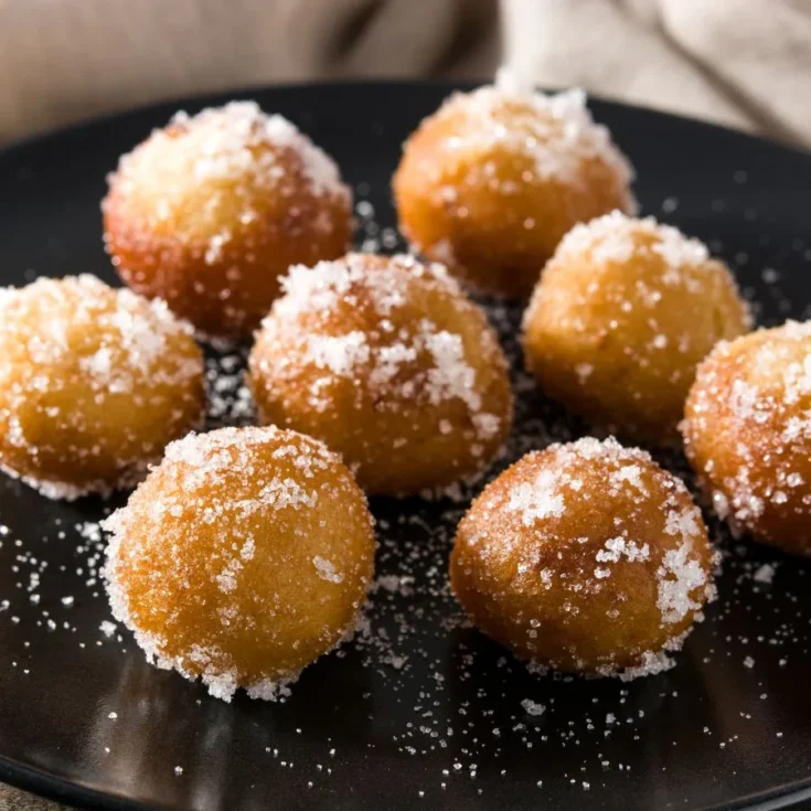 many small doughnuts with sugar on top on a square white plate