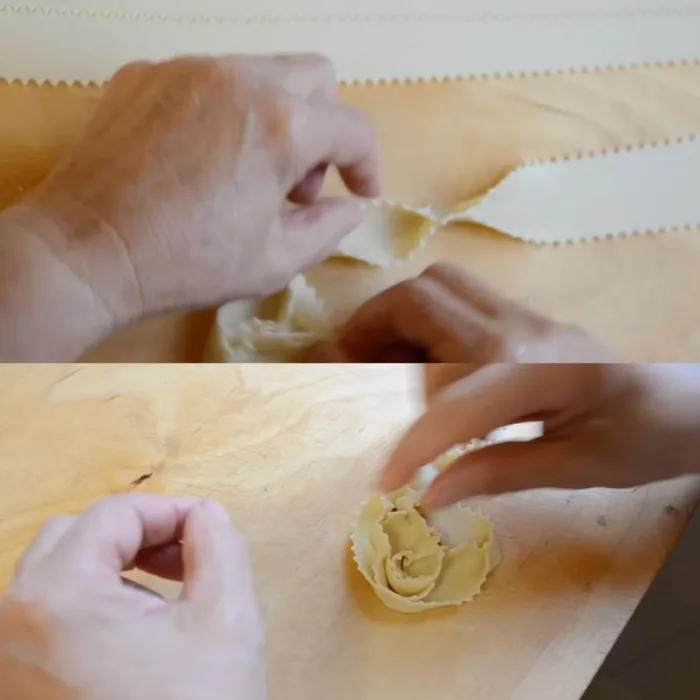 top: close up of a hand folding and sticking together dough for cartellate on a wooden table; bottom: close up of a woman's hands rounding and shaping a cartellata on a wooden table