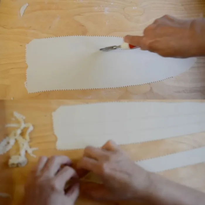 top: cutting dough with a pastry wheel on a wooden table; bottom: folding cut dough into cartellate shape
