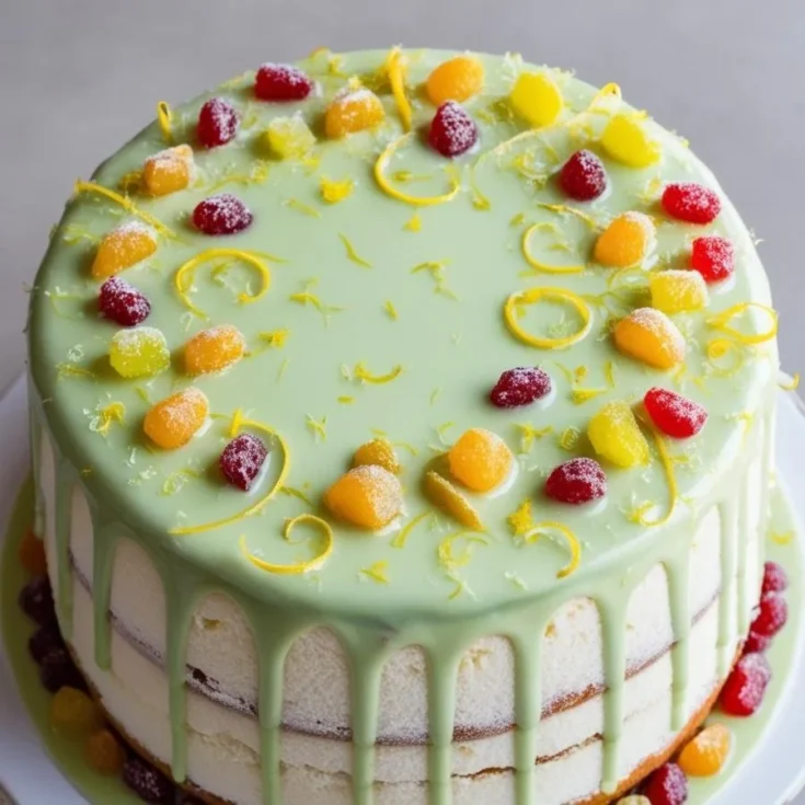 cassata glazed with pistachio cream and decorated with candied pieces of fruit on a white table