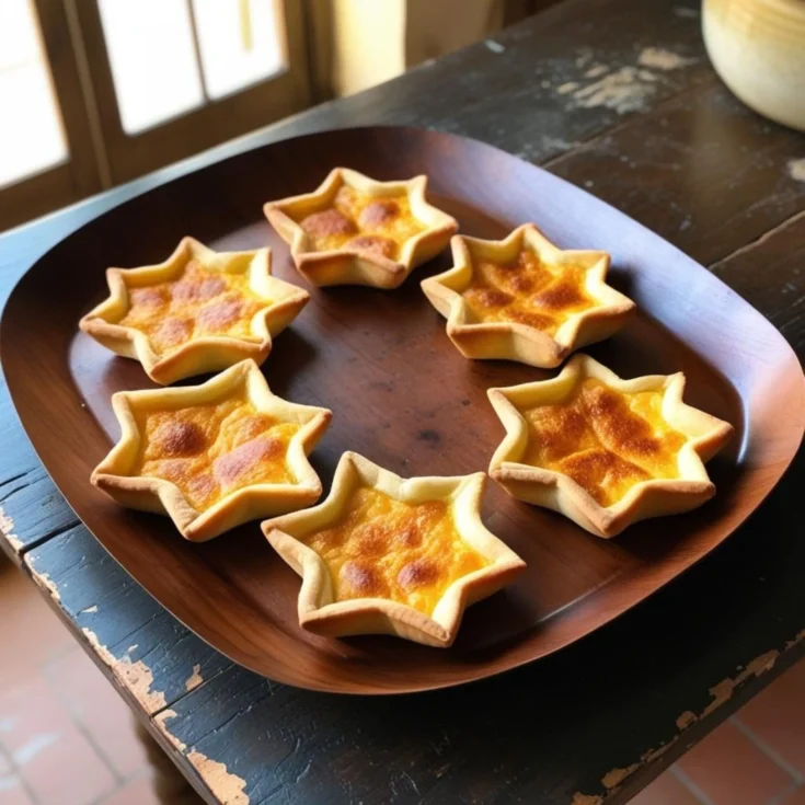 a brown plate with 6 golden baked pardulas sitting on a wooden table, near a sunny window