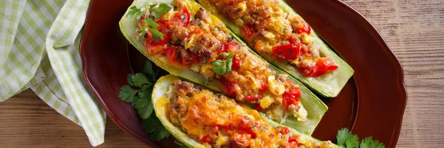 3 half baked stuffed zucchini with tomatoes and basil on a brown plate on a wooden table