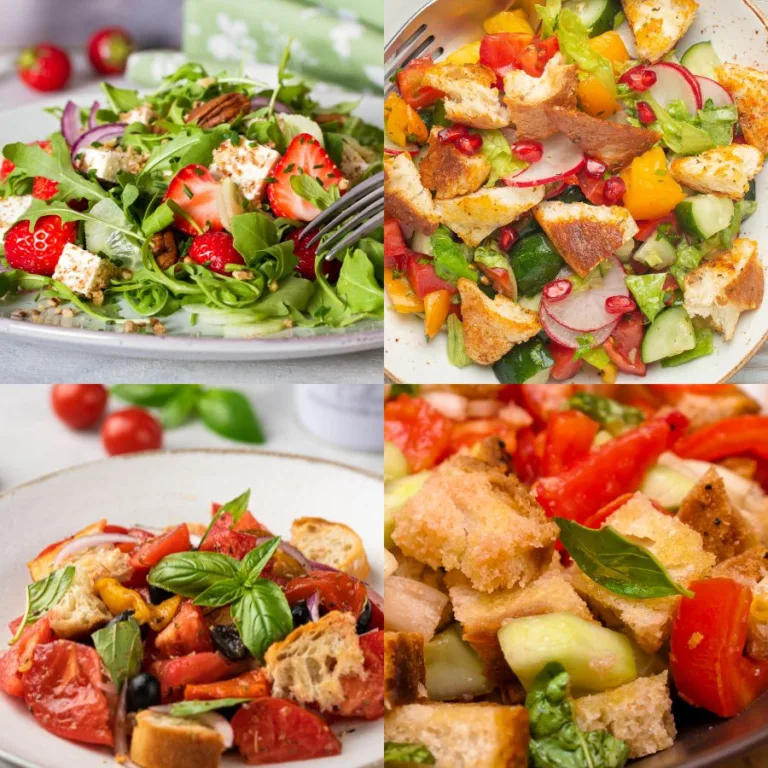 selection of 4 types of panzanella top left: strawberry panzanella, bottom left basil panzanella, top right and bottom right mixed summer vegetables panzanella