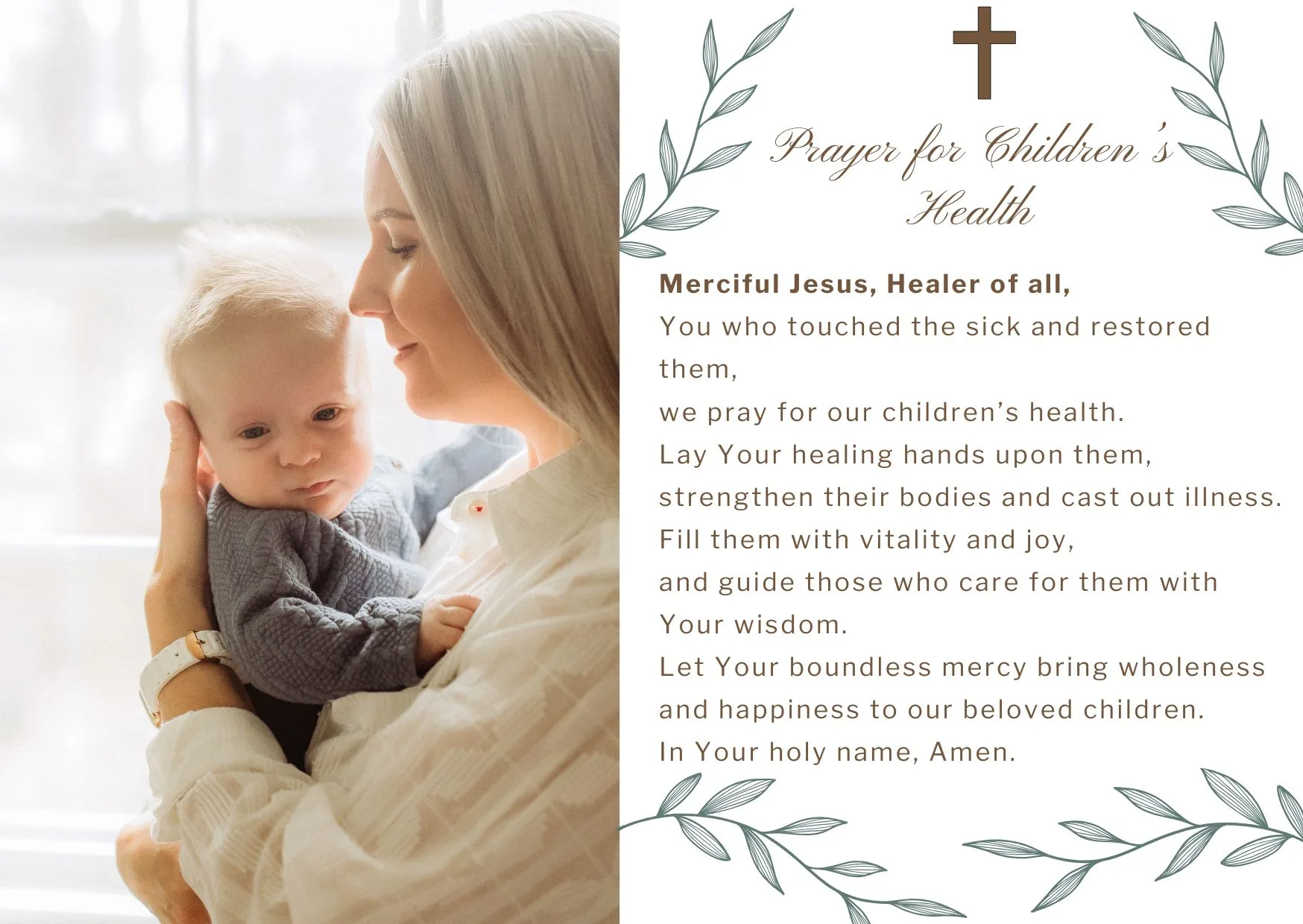 card with a mother holding her baby and a prayer on the right