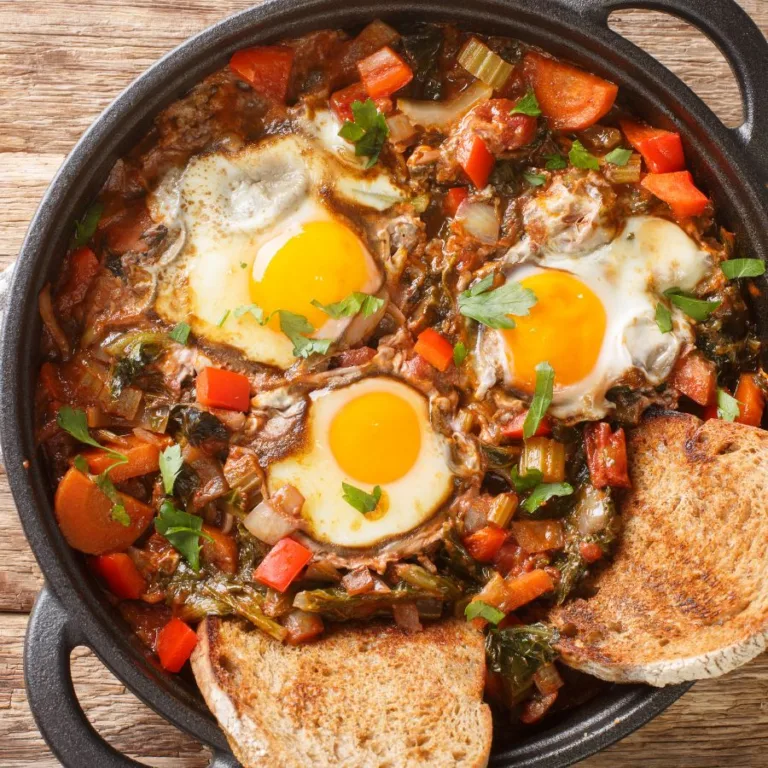 plate of acquacotta soup with 3 poached eggs and toast on top